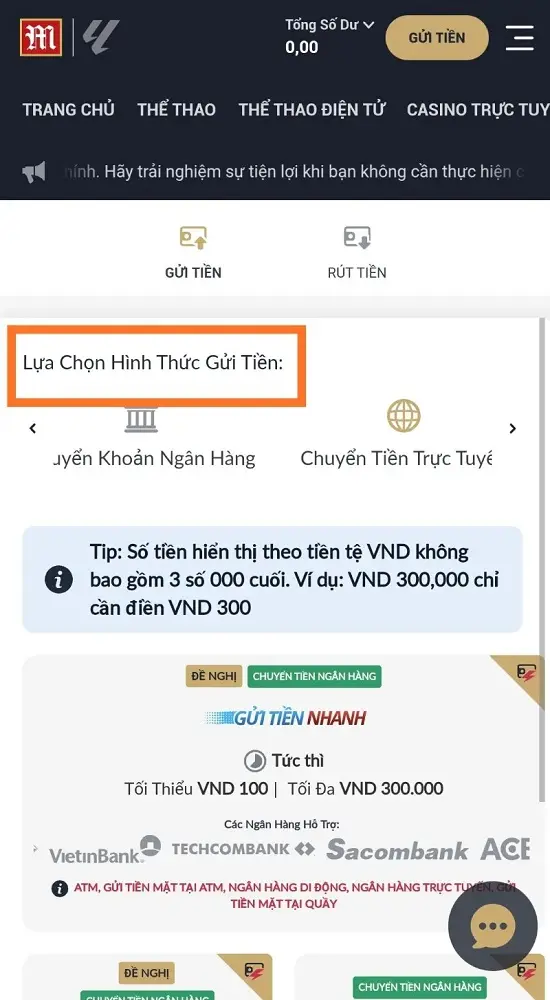 chọn hình thức gửi tiền M88