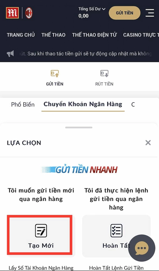 Nạp tiền M88 chuyển khoản ngân hàng Bước 3