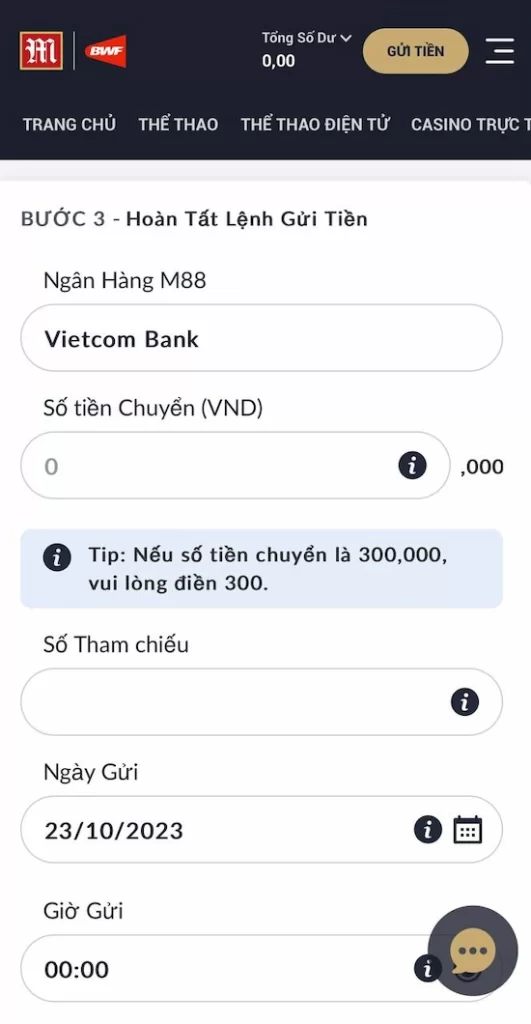 Nạp tiền M88 chuyển khoản ngân hàng bước 7