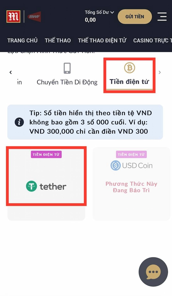 B1 nạp tiền ví điện tử USDT